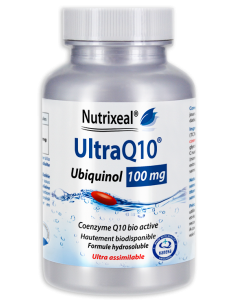 UltraQ10 Vegan Ubiquinol 100 mg Nutrixeal : contient de l'ubiquinol hydrosoluble, forme biologiquement active.