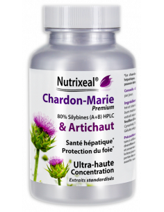Extrait de chardon-marie (80% de silymarine) et extrait d'artichaut (cynarine).
