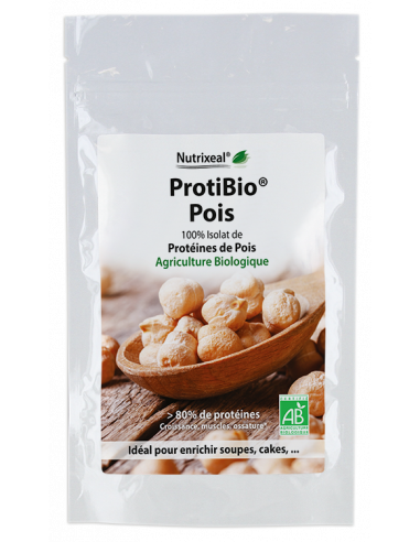 ProtiBio Pois Nutrixeal : 100% pur isolat de protéines de pois BIO, plus de 80% de protéines. Sans excipient.