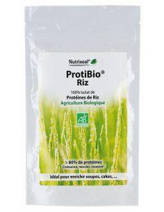ProtiBio Riz Nutrixeal : 100% pur isolat de protéines de riz BIO, plus de 80% de protéines. Sans excipient.