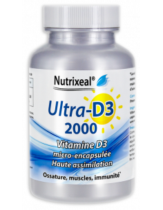 UltraD3 2000 Nutrixeal : vitamine D3 naturelle, 2000 UI soit 50 µg par comprimé, soit 1000% des AR en vitamine D.