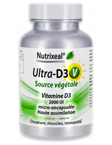 Ultra-D3 V Nutrixeal : vitamine D3 végétale, 2000 UI soit 50 µg par comprimé, soit 1000% des AR en vitamine D.
