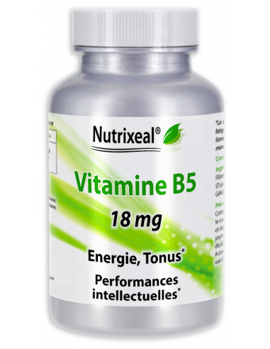 Nutrixeal : vitamine B5, 18 mg par gélule végétale, soit 300% des Apports de Référence.