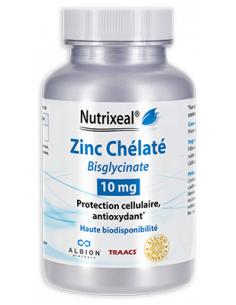 Nutrixeal : zinc chélaté (bisglycinate), haute biodisponibilité, 10 mg de zinc élémentaire par gélule.