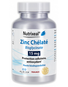 Nutrixeal : zinc chélaté (bisglycinate), haute biodisponibilité, 15 mg de zinc élémentaire par gélule.