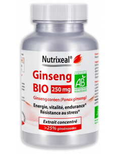 Nutrixeal : Ginseng rouge coréen BIO standardisé à 25% de ginsénosides, 250 mg par gélule.