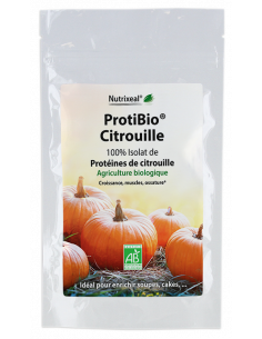 ProtiBio Citrouille Nutrixeal : protéines de citrouille, 65% de protéines, dont 16% de BCAA , profil complet d'acides aminés.