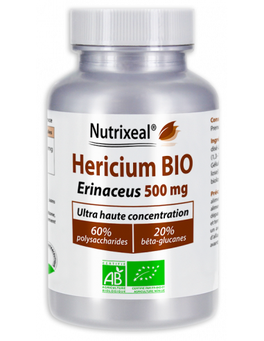 Hericium erinaceus BIO 500 mg, standardisé à 60% de polysaccharides et 20% de bêta-glucanes.