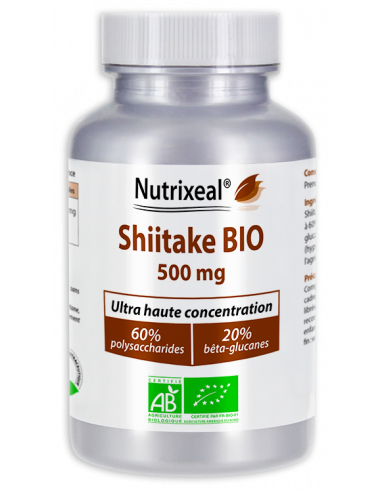 Shiitake BIO Nutrixeal : très concentré standardisé à 60% de polysaccharides et 20% de bêta-glucanes.