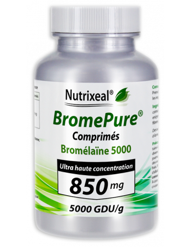 Bromélaïne (bromelase) hautement concentrée : 5000 GDU / g minimum, ultra dosée 850 mg par comprimé.