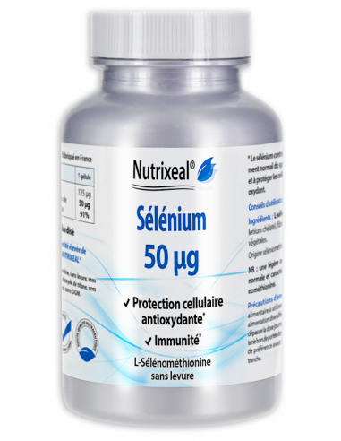 Nutrixeal : Sélénium 50 µg par gélule végétale, sous forme de L-sélénométhionine.