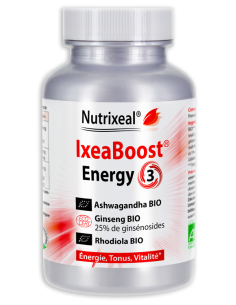 IxeaBoost Energy 3 Nutrixeal : Ashwagandha BIO Standard, Ginseng BIO et Rhodiola BIO.