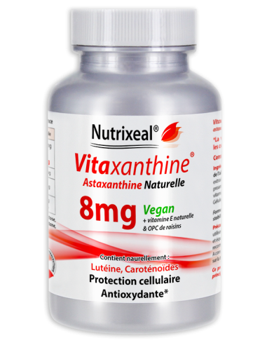 Vitaxanthine 8 mg et OPC : astaxanthine végétale 8 mg par gélule végétales.